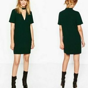 NWT Zara Choker Neck Cutout Shift Dress Short Sleeves Green Sz M